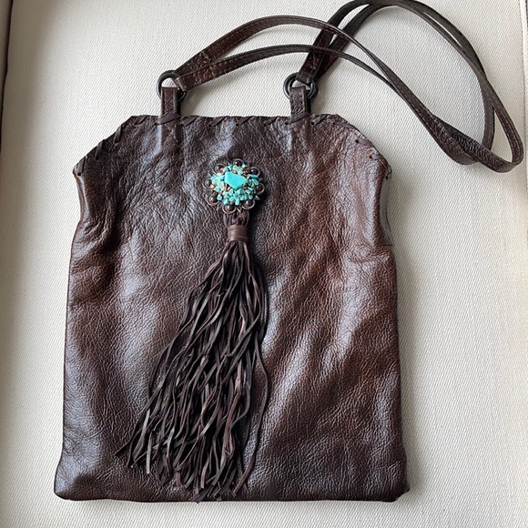 HANDMADE LEATHER BAG WITH TURQUOISE ACCENTS by CRIPPLE CREEK CREATIONS